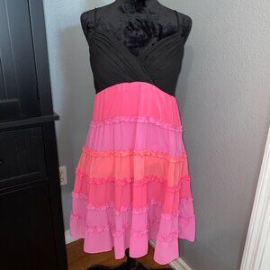 Dressbarn Ruffle Dress 12P Black & Pink Spaghetti Straps Padded Petite Babydoll